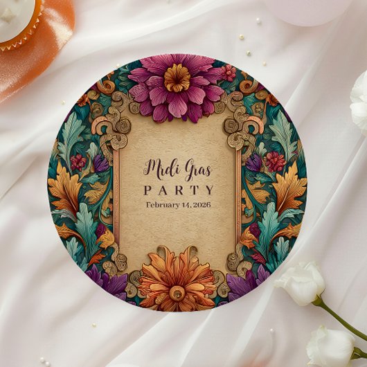 Ornate Floral Mardi Gras Masquerade ペーパープレート