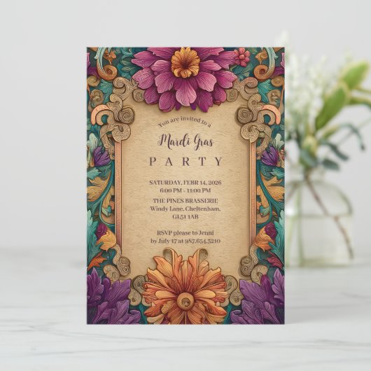 Ornate Floral Mardi Gras Masquerade 招待状 (スタンド正面)