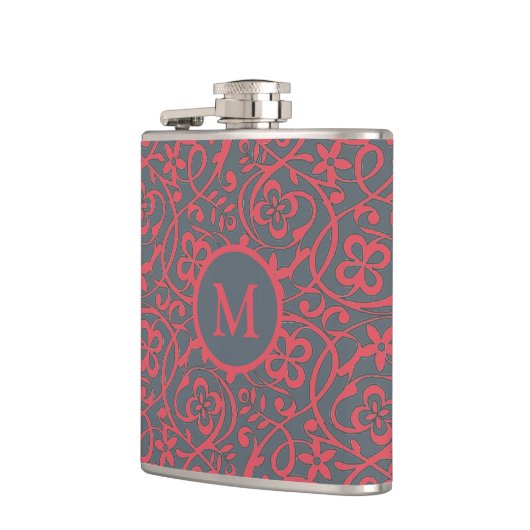 Ornate Floral Pattern in Pink and Grey Monogram フラスク (左)