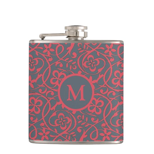 Ornate Floral Pattern in Pink and Grey Monogram フラスク (正面)