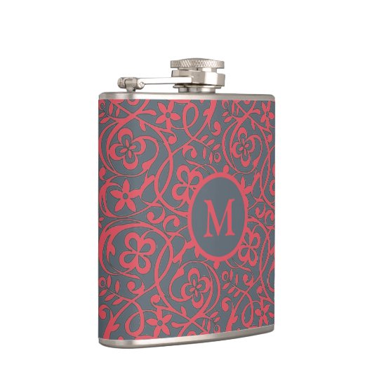 Ornate Floral Pattern in Pink and Grey Monogram フラスク (右)