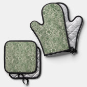 Ornate floral pattern of white flowers & leaves 鍋つかみ&鍋敷きセット (正面/裏面)