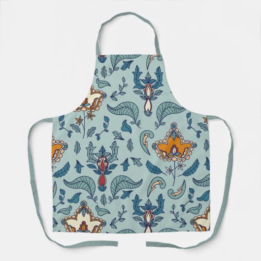 Ornate floral pattern on a pale blue background エプロン (正面)