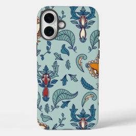 Ornate floral pattern on a pale blue background iPhone 16 plusケース