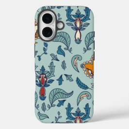 Ornate floral pattern on a pale blue background iPhone 16ケース