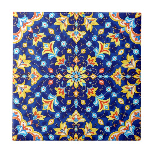 Ornate Floral Vibrant Blue Gold Mediterranean タイル (正面)