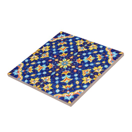 Ornate Floral Vibrant Blue Gold Mediterranean タイル (側面)