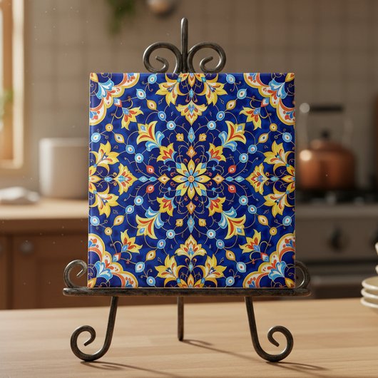 Ornate Floral Vibrant Blue Gold Mediterranean タイル