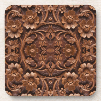 Ornate Floral Wood-Carved Mandala Pattern コースター