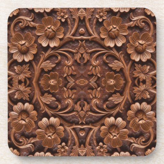 Ornate Floral Wood-Carved Mandala Pattern コースター (正面)