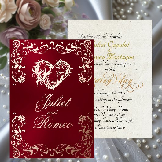 Ornate Frame & Heart - Red 箔招待状