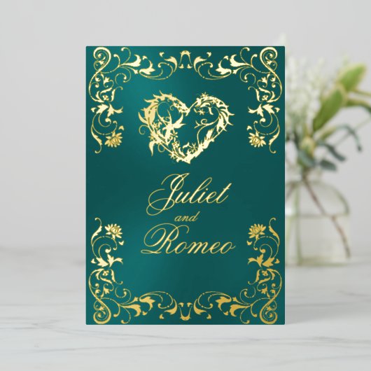 Ornate Frame & Heart - Teal 箔招待状 (立ち正面)