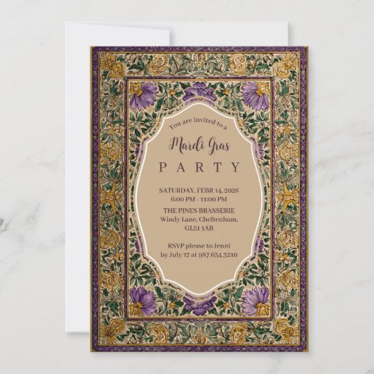Ornate Framed Mardi Gras Masquerade 招待状 (正面)