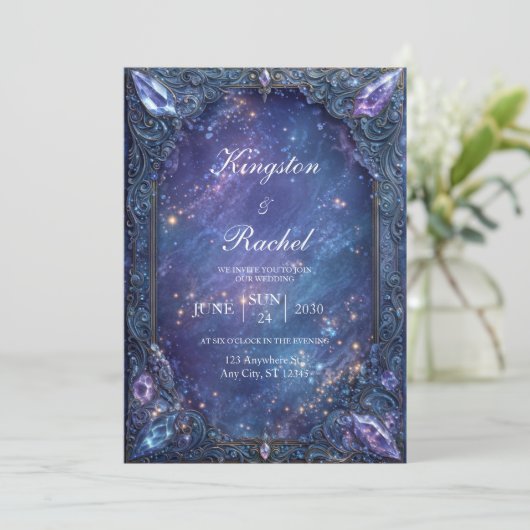 Ornate Gemstone Celestial Galaxy Wedding 招待状 (スタンド正面)