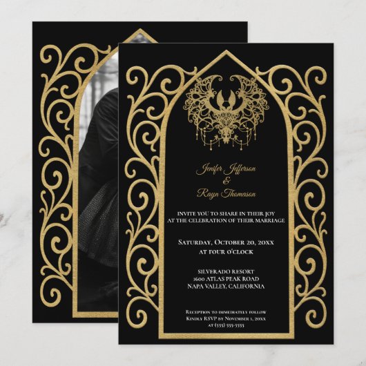 Ornate gold border Photo Gothic wedding Invitation 招待状 (正面/裏面)
