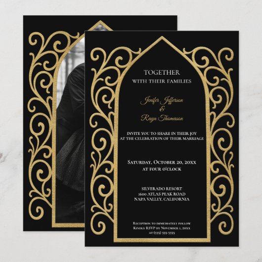 Ornate gold border Photo Gothic wedding Invitation 招待状 (正面/裏面)