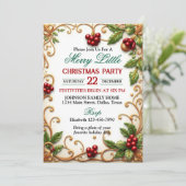 Ornate Gold Border with Holly Christmas Party 招待状 (スタンド正面)