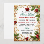 Ornate Gold Border with Holly Christmas Party 招待状 (正面/裏面)