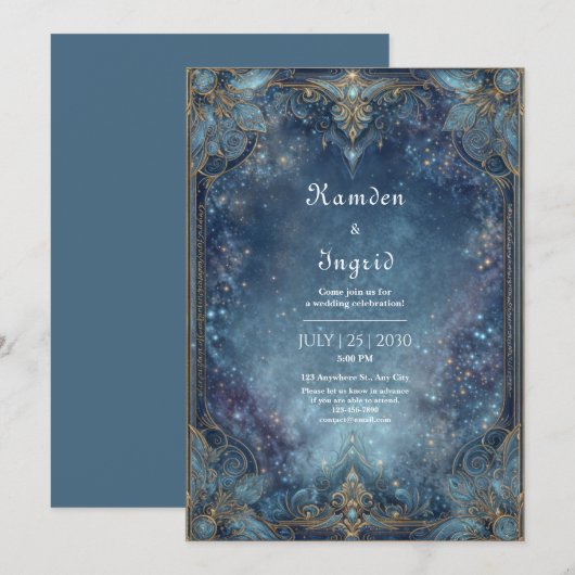 Ornate Gold Celestial Galaxy Wedding 招待状 (正面/裏面)