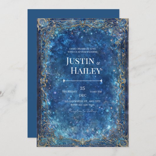 Ornate Gold Celestial Galaxy Wedding 招待状 (正面/裏面)