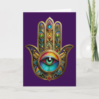 Ornate Gold Colorful Hamsa Green on Red Third Eye カード