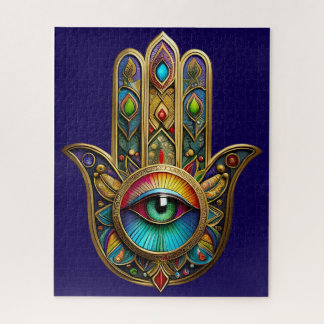 Ornate Gold Colorful Hamsa Green on Red Third Eye ジグソーパズル