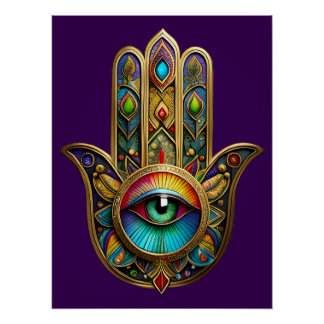 Ornate Gold Colorful Hamsa Green on Red Third Eye ポスター