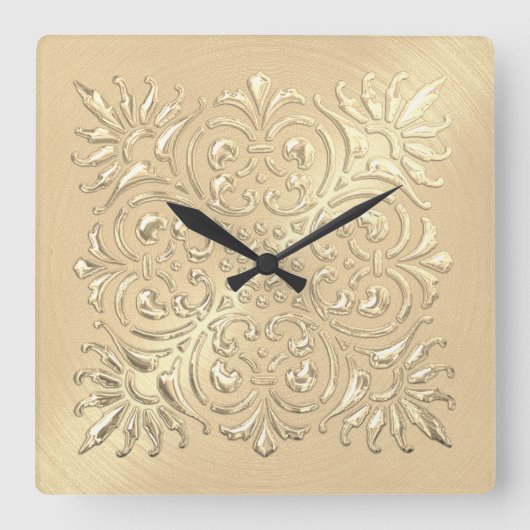 Ornate Gold Embossed Look スクエア壁時計 (正面)