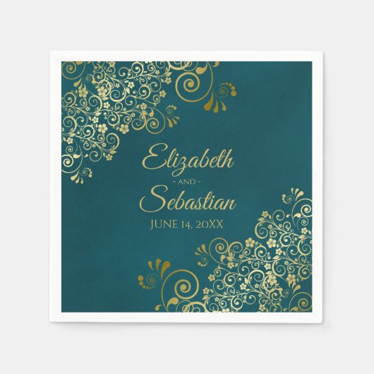 Ornate Gold Filigree Elegant Dark Teal Wedding スタンダードカクテルナプキン (正面)