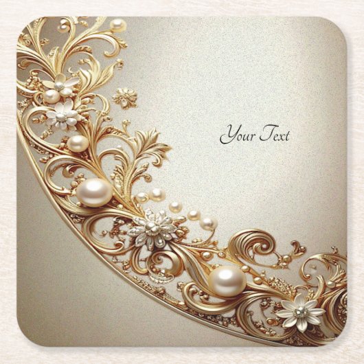 Ornate Gold Flourish Paper Coaster スクエアペーパーコースター (正面)