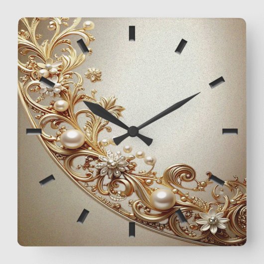Ornate Gold Flourish Wall Clock スクエア壁時計 (正面)