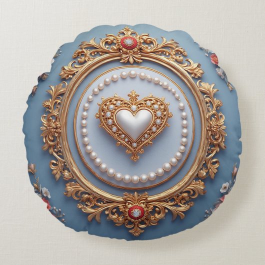 Ornate Gold Frame With Heart Gem ラウンドクッション (正面)