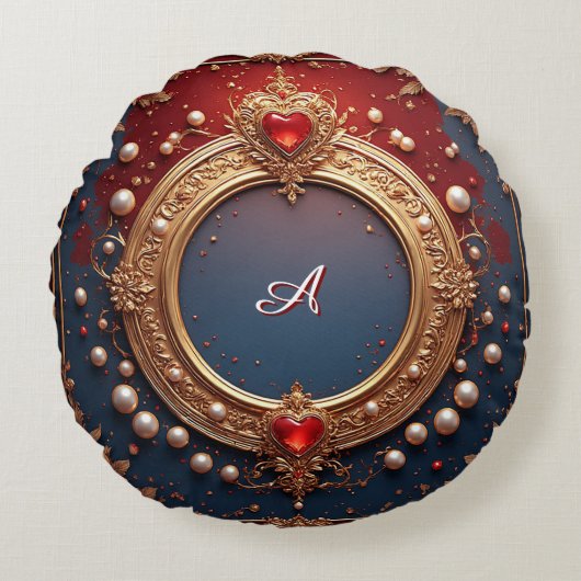Ornate Gold Frame With Heart Gem ラウンドクッション (正面)
