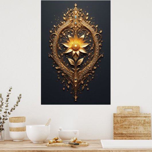 Ornate Gold Frame With Large Metallic Flower Medal ポスター (キッチン)