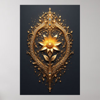 Ornate Gold Frame With Large Metallic Flower Medal ポスター