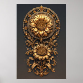 Ornate Gold Frame With Large Metallic Flower Medal ポスター