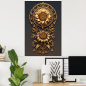 Ornate Gold Frame With Large Metallic Flower Medal ポスター (ホームオフィス)