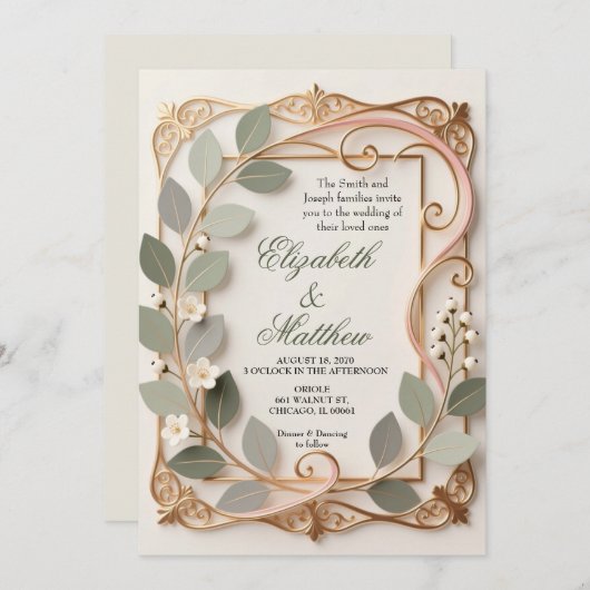 Ornate Gold Scrollwork Pink Botanical Wedding  招待状 (正面/裏面)