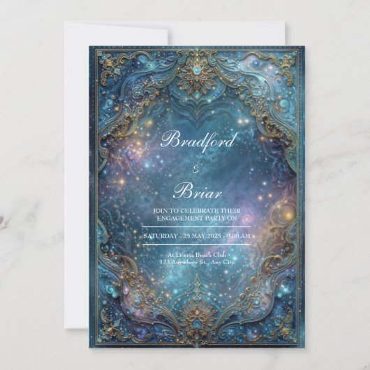 Ornate Gold Teal Celestial Galaxy Frame Wedding 招待状 (正面)