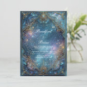 Ornate Gold Teal Celestial Galaxy Frame Wedding 招待状 (スタンド正面)