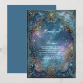 Ornate Gold Teal Celestial Galaxy Frame Wedding 招待状 (正面/裏面)
