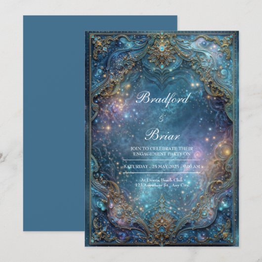 Ornate Gold Teal Celestial Galaxy Frame Wedding 招待状 (正面/裏面)