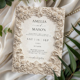 Ornate Ivory Baroque Floral Wedding Invitation 招待状
