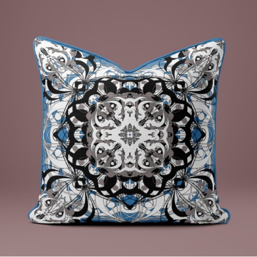 Ornate Mandala Decorative Pillow in Delft Blue クッション
