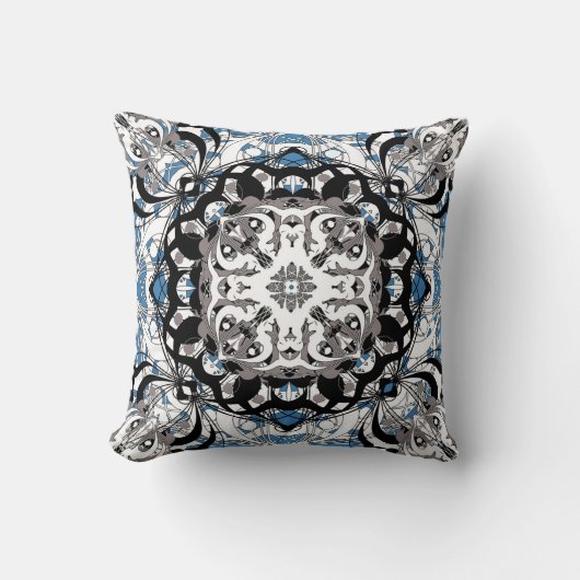 Ornate Mandala Decorative Pillow in Delft Blue クッション (正面)