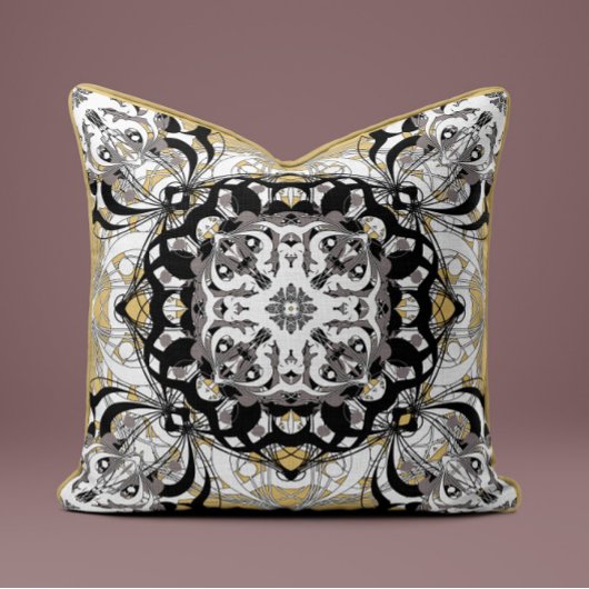 Ornate Mandala Decorative Pillow in Golden Beige クッション
