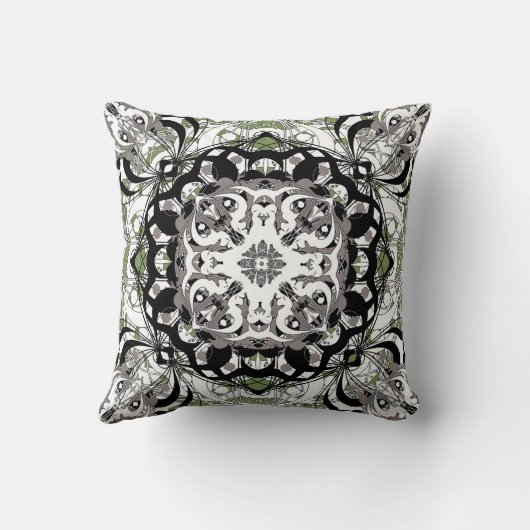Ornate Mandala Decorative Pillow in Olive Green クッション (裏面)