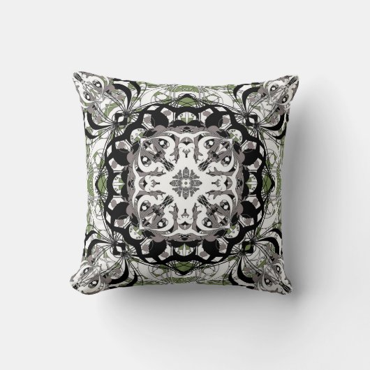 Ornate Mandala Decorative Pillow in Olive Green クッション (正面)