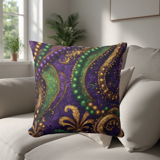 Ornate Masquerade Masks, Gold Beads, Fleur-de-Lis  クッション