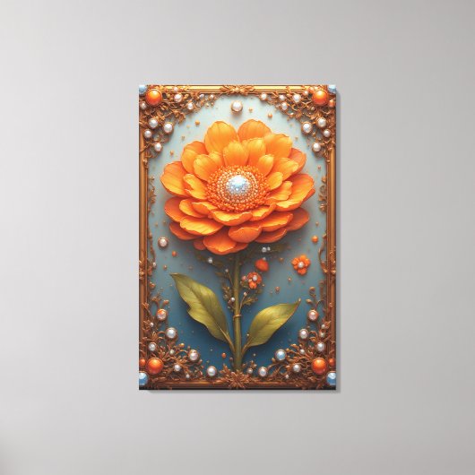 Ornate Orange Flower Artwork in Gold Frame キャンバスプリント (正面)